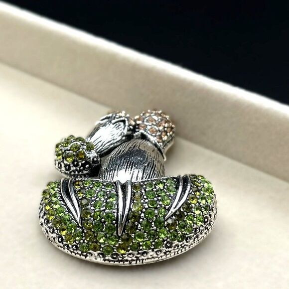 Silver with Emerald and Champagne Topaz Crystal Double Mushroom Pin Back Brooch - Picture 5 of 7